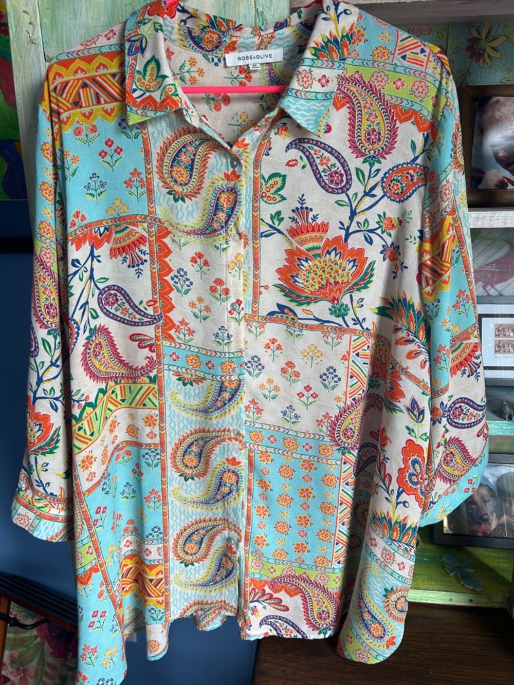 Rose & Olive Cream and Turquoise Paisley Patchwork Button-Front Blouse